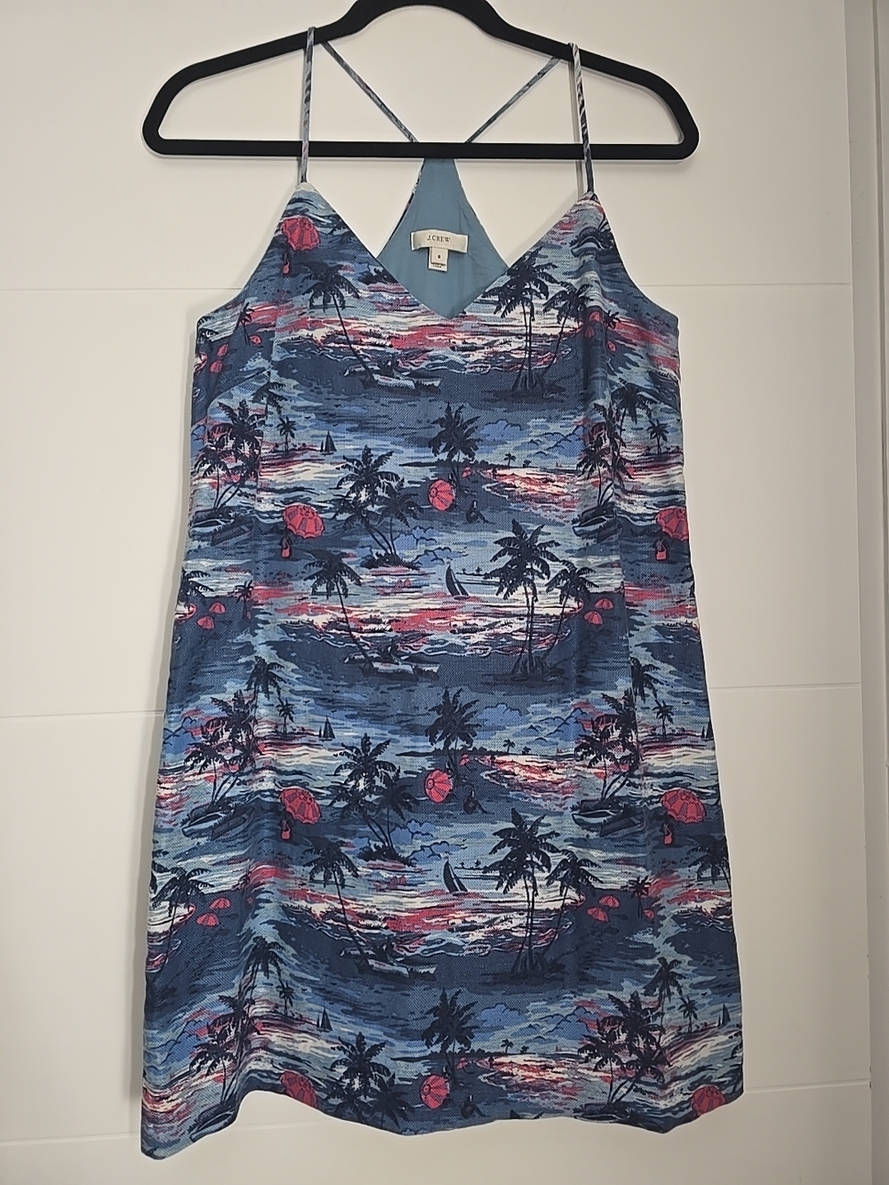 J. Crew Blue Tropical Print Midi Dress with Pink Accents